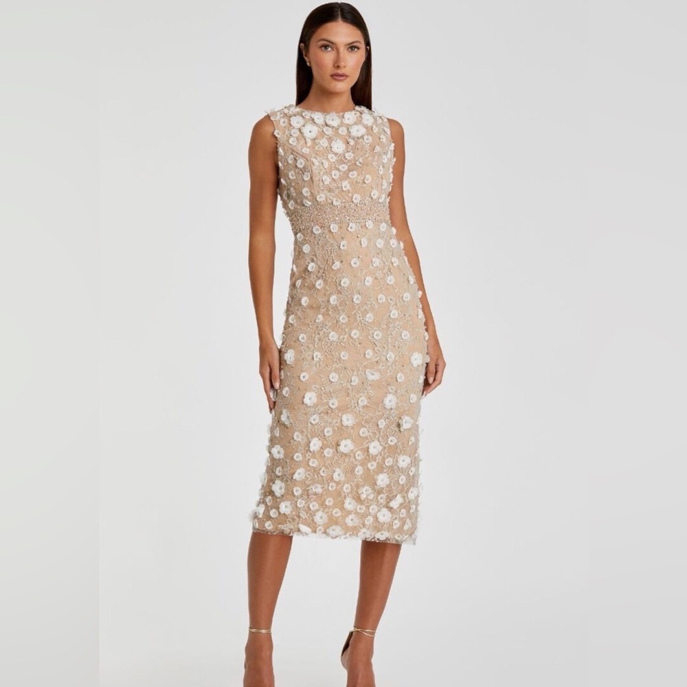 Mac Duggal Floral Appliqué Beaded Midi Dress Ivory Nude Size 16 NWT